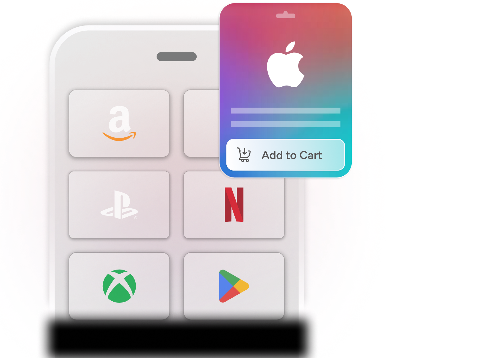 Smartphone displaying popular app logos like Amazon, PlayStation, Netflix, Xbox, and Google Play, with an Apple gift card and 'Add to Cart' button